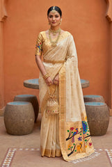 Paithani Silk Saree with Peacock Parrot Deer Meenakari Pallu
