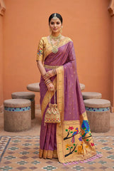 Paithani Silk Saree with Peacock Parrot Deer Meenakari Pallu