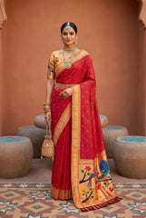 Paithani Silk Saree with Peacock Parrot Deer Meenakari Pallu
