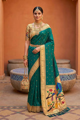 Paithani Silk Saree with Peacock Parrot Deer Meenakari Pallu