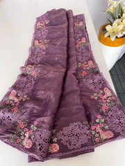 Premium Pure Crush Silk Embroidery & Cutwork Saree