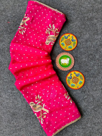 Designer Chiffon Bird Embroidery Saree