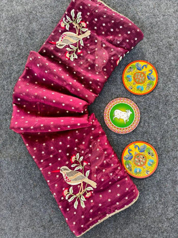 Designer Chiffon Bird Embroidery Saree