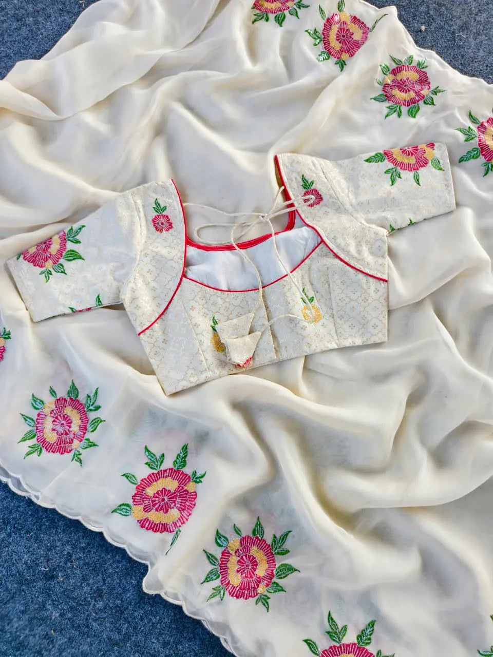 Pure White Organza Embroidery & Cutwork Border Saree