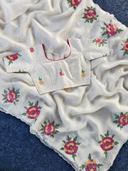 Pure White Organza Embroidery & Cutwork Border Saree