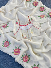 Pure White Organza Embroidery & Cutwork Border Saree