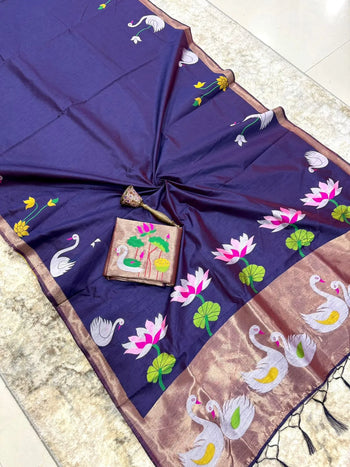 Most Trending Swan Lotus Khadi Raw SIlk Paithani Saree