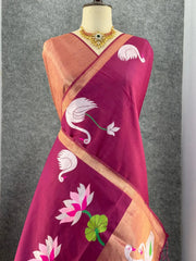 Most Trending Swan Lotus Khadi Raw SIlk Paithani Saree