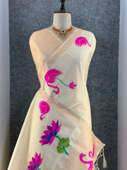 Most Trending Swan Lotus Khadi Raw SIlk Paithani Saree