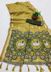 Pichwai Cow Soft Muga Cotton Pallu Saree