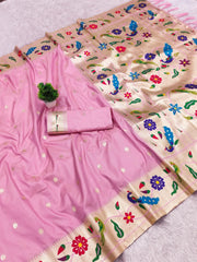 Lotus Paithani Silk Meenakari Swan Border Saree