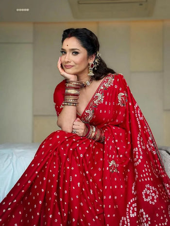 Karva Chauth Special Gaji Silk Bandhani Gota Patti Handwork Saree