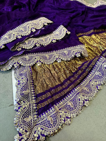 Purple Handwork Gaji Silk Saree with Lace Border