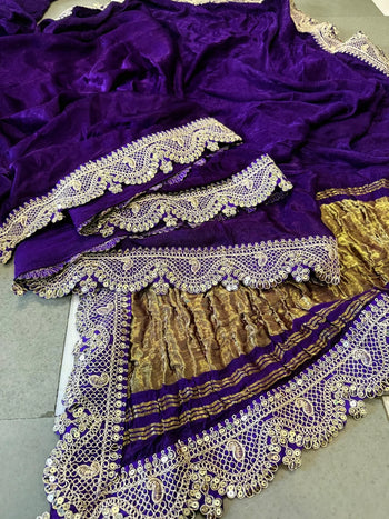 Purple Handwork Gaji Silk Saree with Lace Border