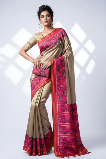 Galla Border Ikkat Soft Desi Raw Silk Patola Saree (Clutch Free Gift)