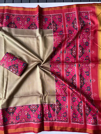 Galla Border Ikkat Soft Desi Raw Silk Patola Saree (Clutch Free Gift)