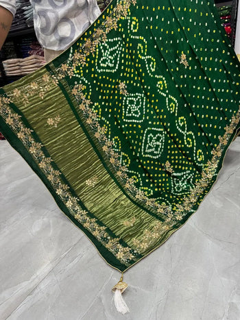 Gaji Silk Original Bandhani With Gota Pati Hand Work Saree