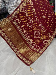Gaji Silk Original Bandhani With Gota Pati Hand Work Saree