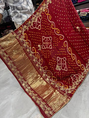 Gaji Silk Original Bandhani With Gota Pati Hand Work Saree