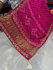 Gaji Silk Original Bandhani With Gota Pati Hand Work Saree