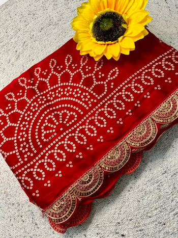 Pure Modal Silk Ajrakh Bandhani Saree with Lagadi Patta