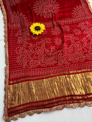Pure Modal Silk Ajrakh Bandhani Saree with Lagadi Patta