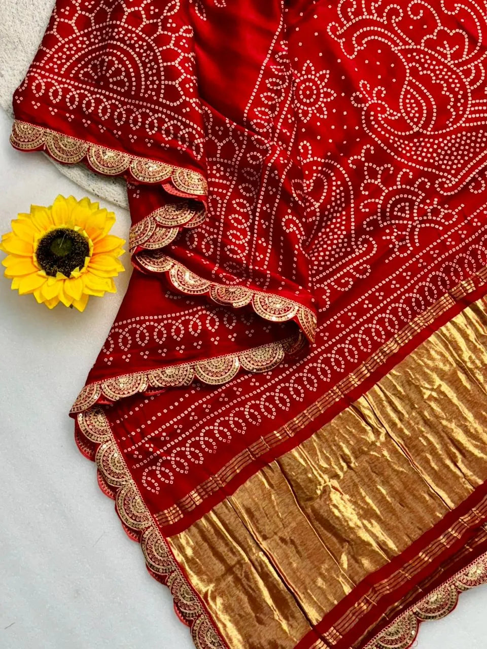 Pure Modal Silk Ajrakh Bandhani Saree with Lagadi Patta
