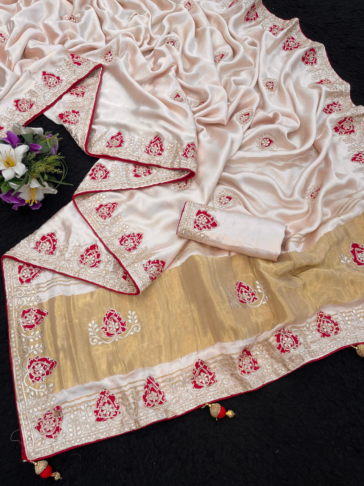 Whie Gaji Silk with Gota Patti Handwork Saree