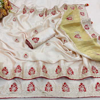 Whie Gaji Silk with Gota Patti Handwork Saree