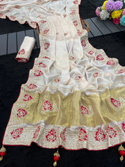 Whie Gaji Silk with Gota Patti Handwork Saree