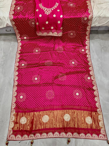 Desiner Bandhani Pure Lagadi Patta With Print saree