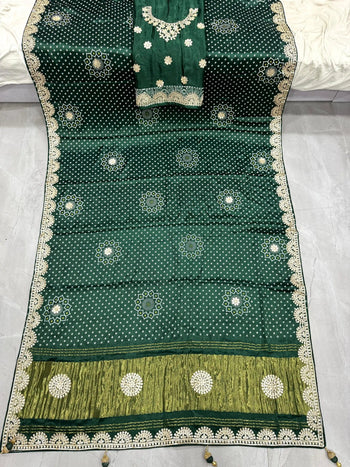 Desiner Bandhani Pure Lagadi Patta With Print saree