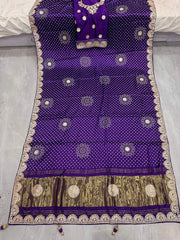 Desiner Bandhani Pure Lagadi Patta With Print saree