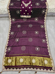 Desiner Bandhani Pure Lagadi Patta With Print saree