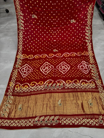 Pure Gaji Silk Lagdi Patta Gota Pati Hand Work Bandhani Saree