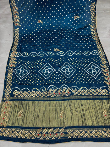 Pure Gaji Silk Lagdi Patta Gota Pati Hand Work Bandhani Saree