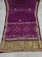 Pure Gaji Silk Lagdi Patta Gota Pati Hand Work Bandhani Saree