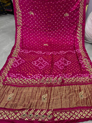 Pure Gaji Silk Lagdi Patta Gota Pati Hand Work Bandhani Saree