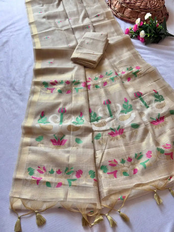 Premium Soft Rajhans Floral Muga Cotton Sareee