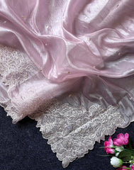 Pure Raspberry Crush Lucknowi Embroidery Saree