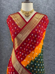 Kanjivaram Bandhani Cotton Silk Hand Dying Saree