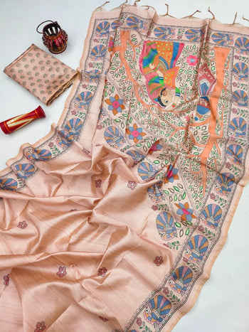 Soft Tussar Silk Madhubani Printed Saree