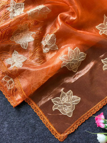 Pure Oris Silk Lotus Embroidery Designer Saree