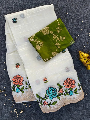 Pure Paper Crush Embroidery Saree