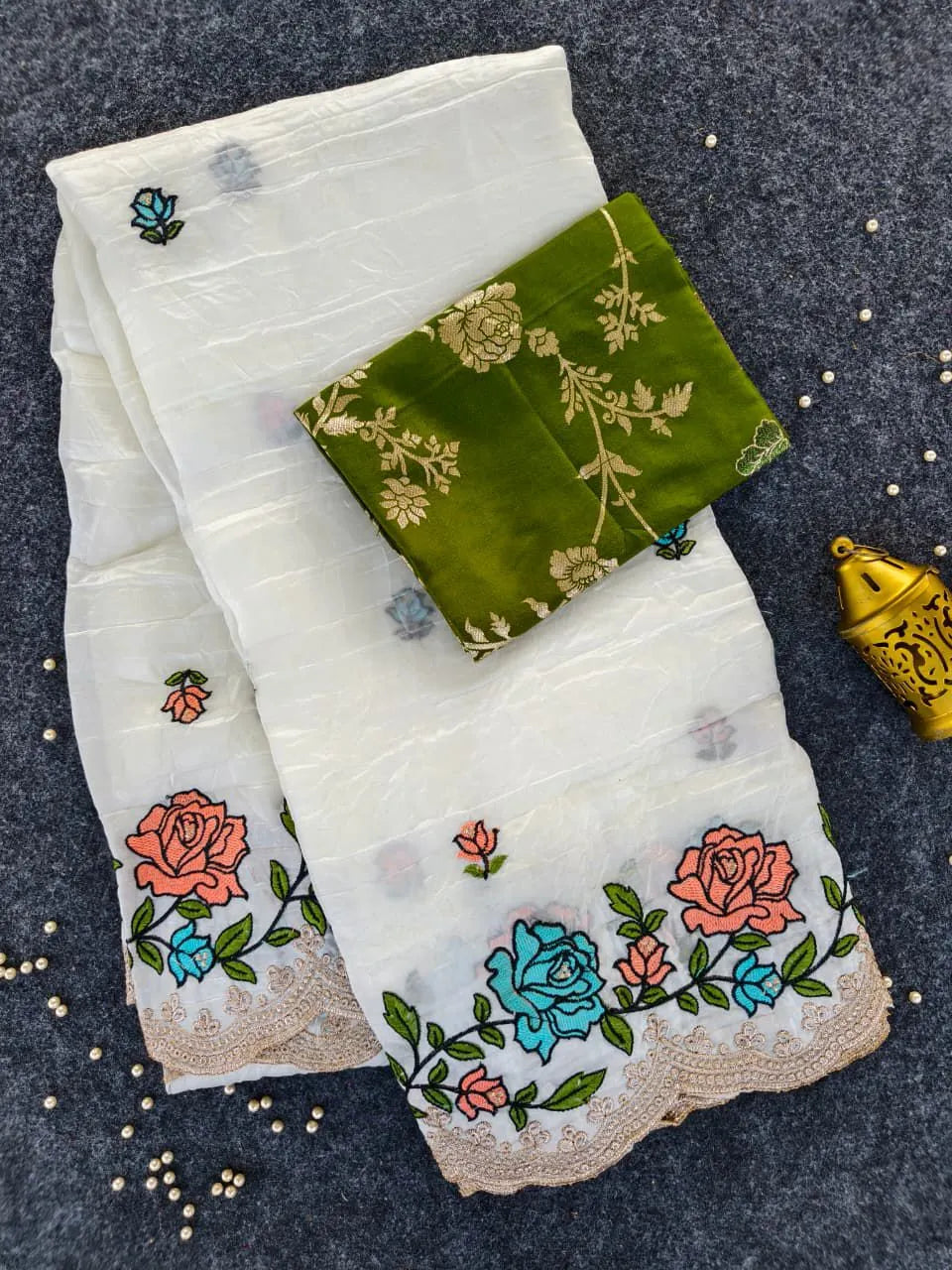 Pure Paper Crush Embroidery Saree