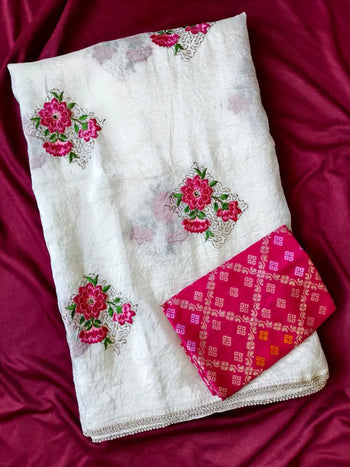 Pure White Crush Fabric Designer Saree