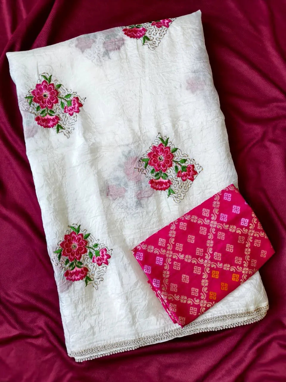 Pure White Crush Fabric Designer Saree