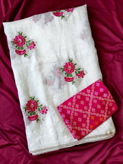 Pure White Crush Fabric Designer Saree