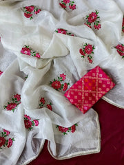 Pure White Crush Fabric Designer Saree