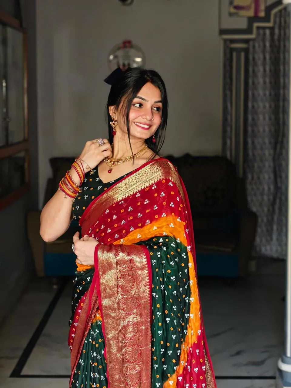 Kanjivaram Bandhani Cotton Silk Hand Dying Saree